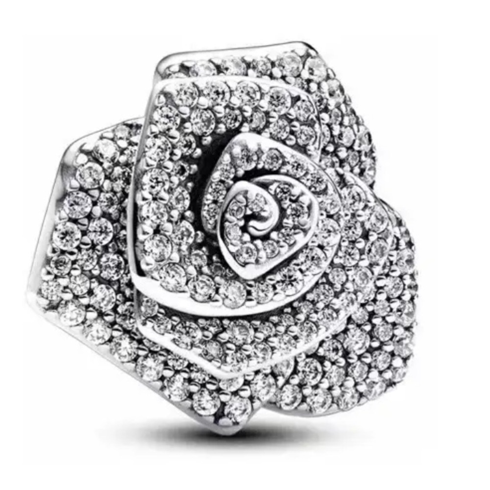 NWOT Stunning large pavé rose charm, sterling silver fits Pandora and troll bead